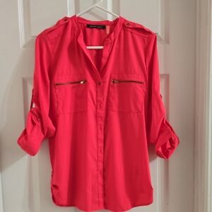 Bright Pink Button-Front Roll-Sleeve Women's Top